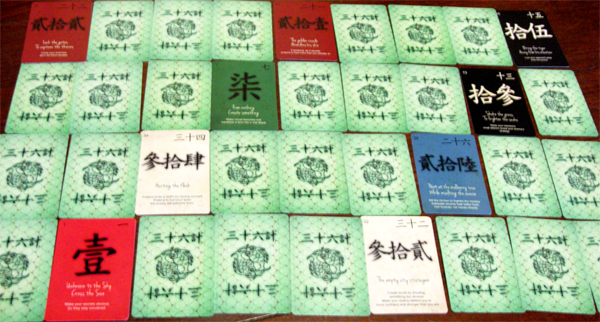 "36 strategies" can be used using any cartomancy techniques such as the "Grand Tableau"